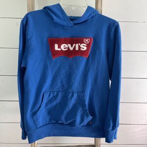 Levis Spell Out Logo Blue Boys Hoodie Long Sleeve Textured Pullover Youth XL